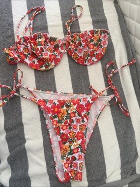 Floral Tie-Side Bikini Set - Pink & Red Flower Print